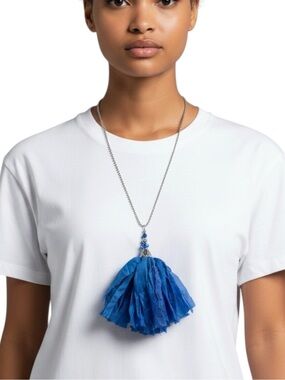 Hand Crafted Blue Silk Tassel Pendant Bohemian Festival Necklace NWT